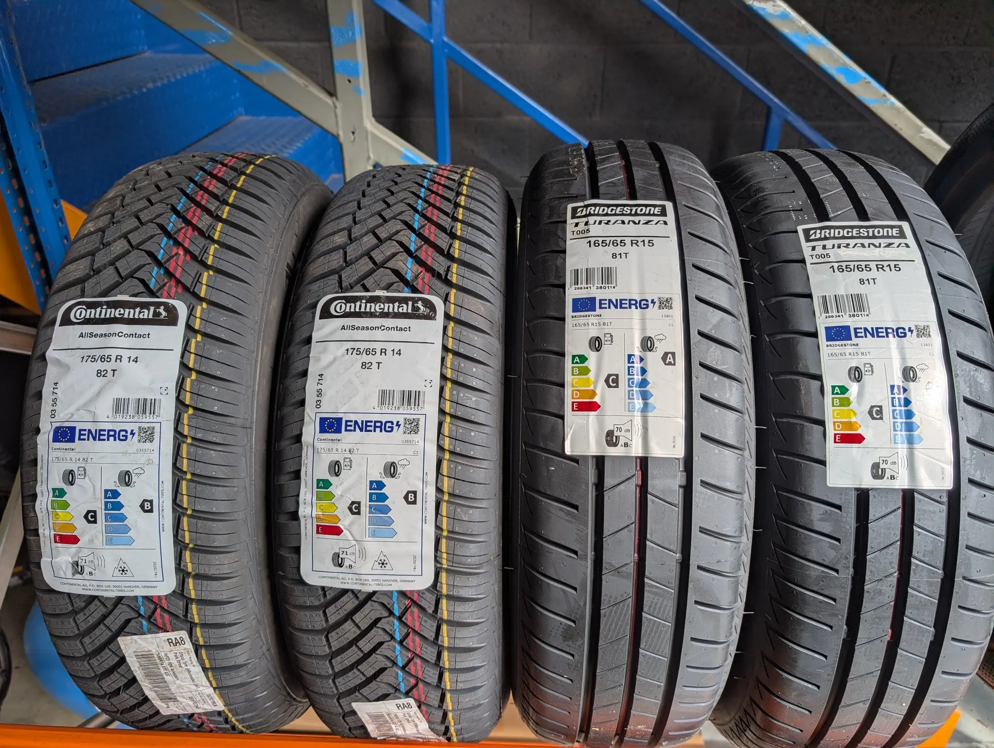Continental and Bridgestone tyres in stock at HEtyres, showing EU energy labels