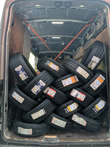 Van loaded with fresh tyre stock ready for the depot