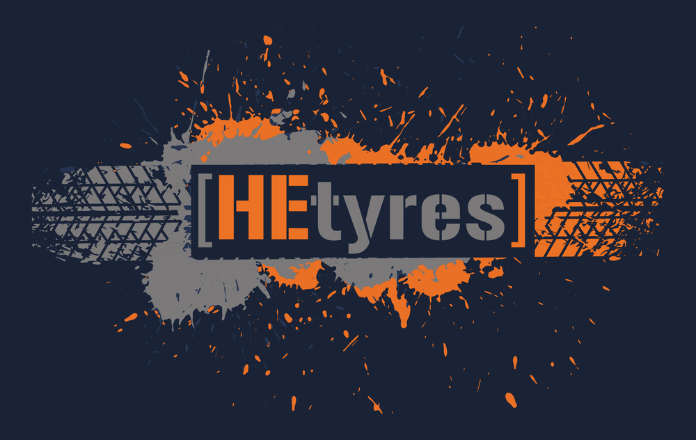 HEtyres logo — tyre-tread and paint-splatter artwork from the depot sign